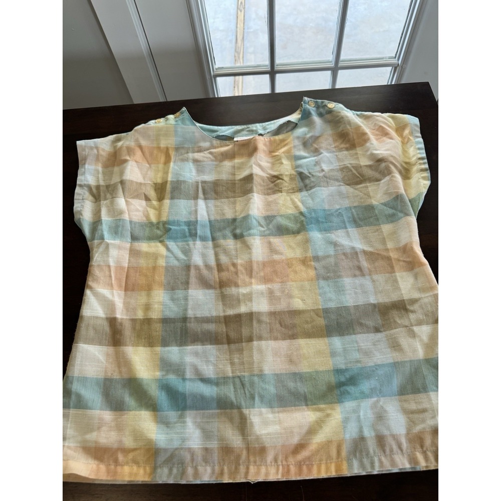 Vintage Hippie Top 70s Plaid Boxy Retro Preppy Picnic Rainbow Large USA